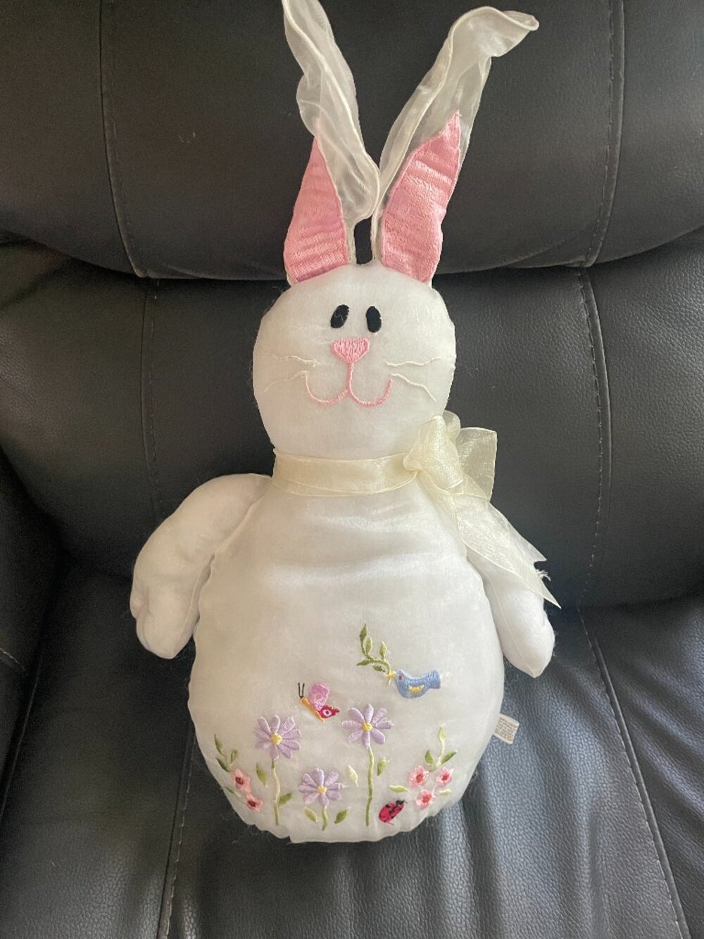 White Organza Embroidered Floral Bunny Plush Weighted Bottom 19" Easter!